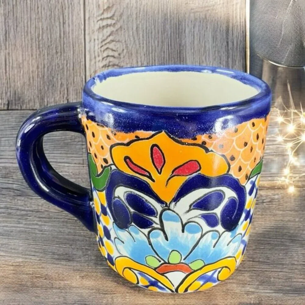 Mexican Pottery Talavera‎ Hand Painted Coffee Mug Cup Folk Art Mug Hand Made VTG